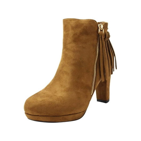 

Tan Tassel Fringe Chunky Heel Womens Booties Size 8.5