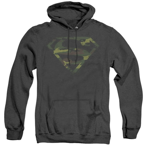 Superman Distressed Camo Shield Adult Heather Hoodie Sweatshirt Black