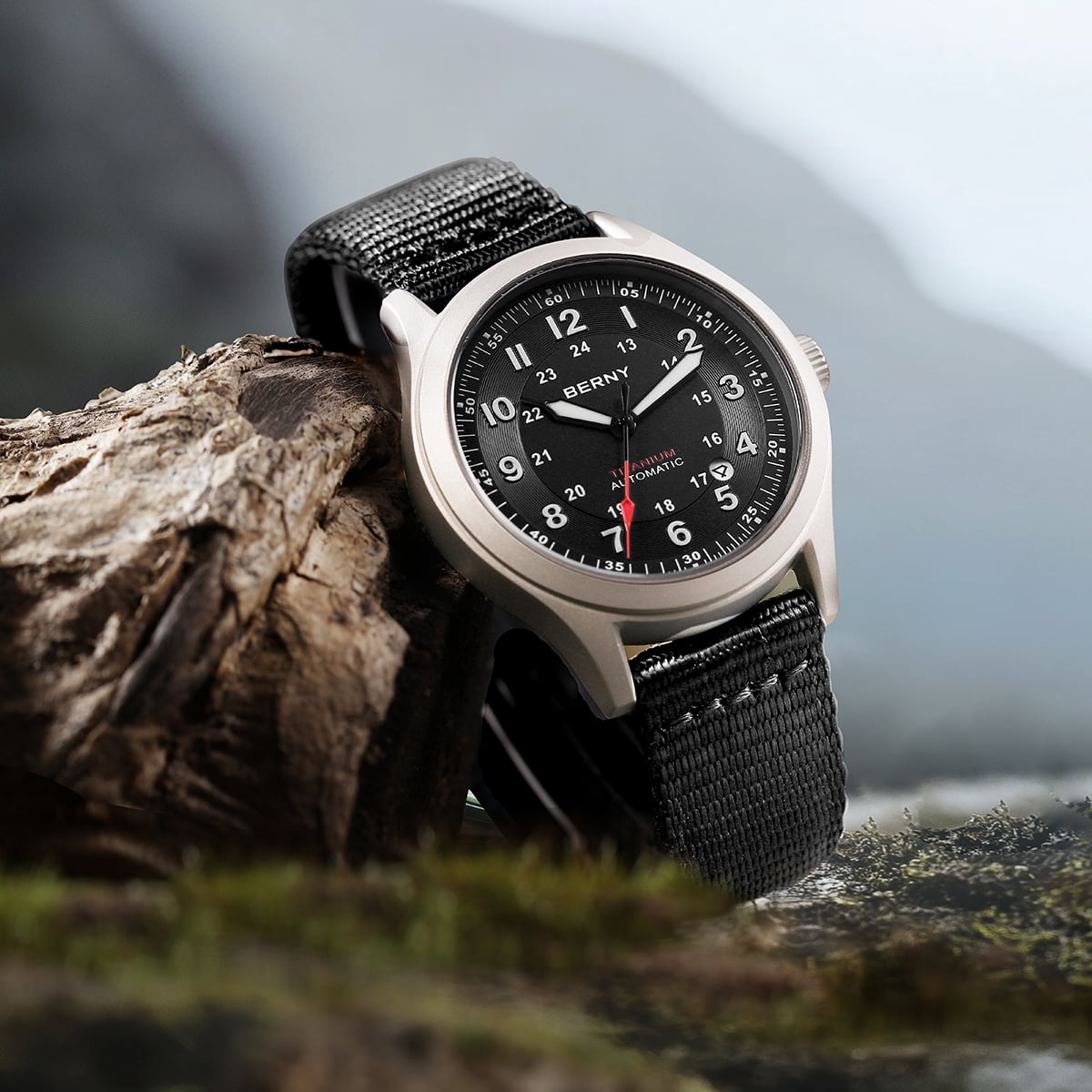 BERNY Automatic Watches for Men Military Sport Nylon Strap Titanium Field Watch with Date Sapphire Crystal Luminous Analog Mechanical Watch 100M Waterproof Army Tactical Casual Wristwatch (Black)