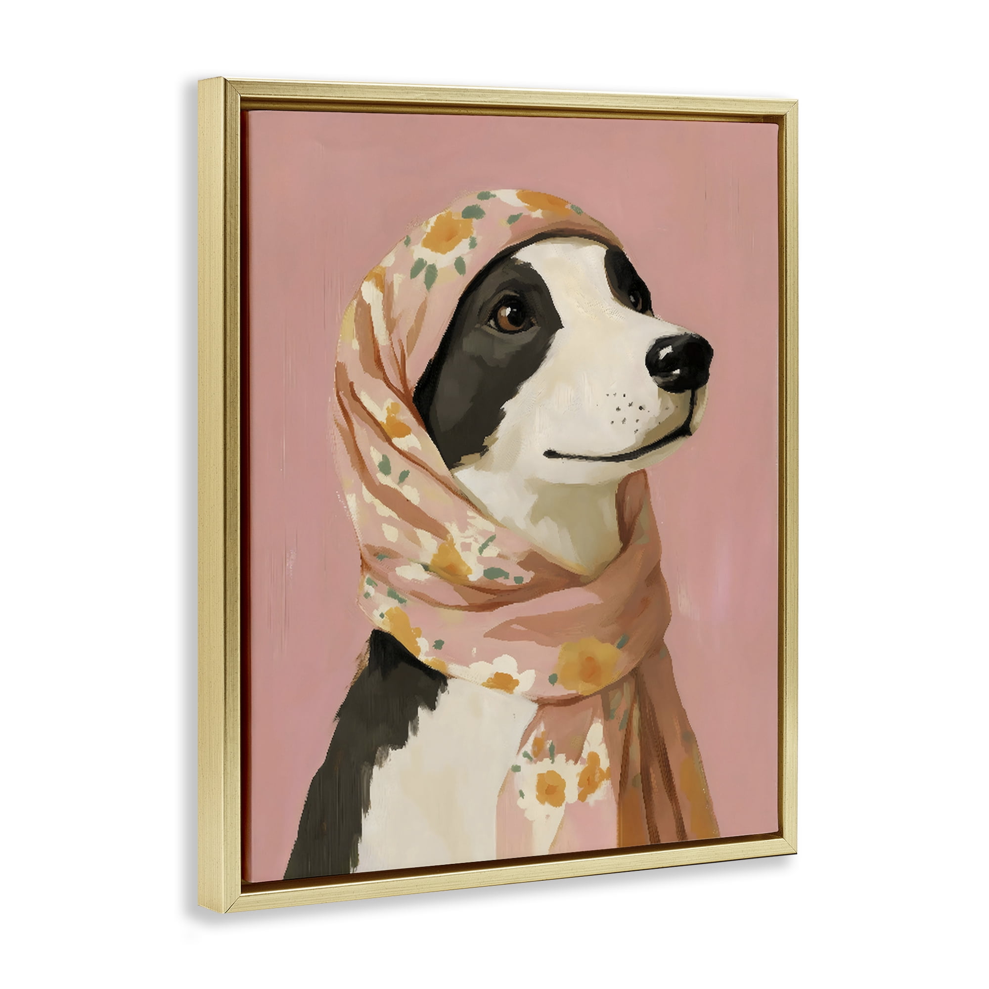 Stupell Industries Dog Babushka in Floral Scarf Gold Framed Floater Canvas Wall Art, design by The Prints Vibe