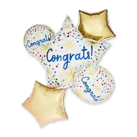 White/Gold Confetti Congrats Balloon Bouquet, 5 Pieces, by Way To Celebrate