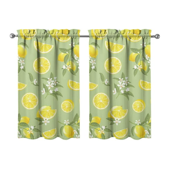 Lemon & Floral Kitchen Curtains - 2 Pack Cute Fruit Print Tier Curtains, Modern Farmhouse Window Treatments with Rod Pocket, 27.5x39 Inch Each