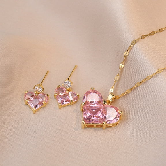 Exquisite Retro Pink Heart Pendant Set Fashion Personality Necklace Earrings Net Red Wedding Accessories