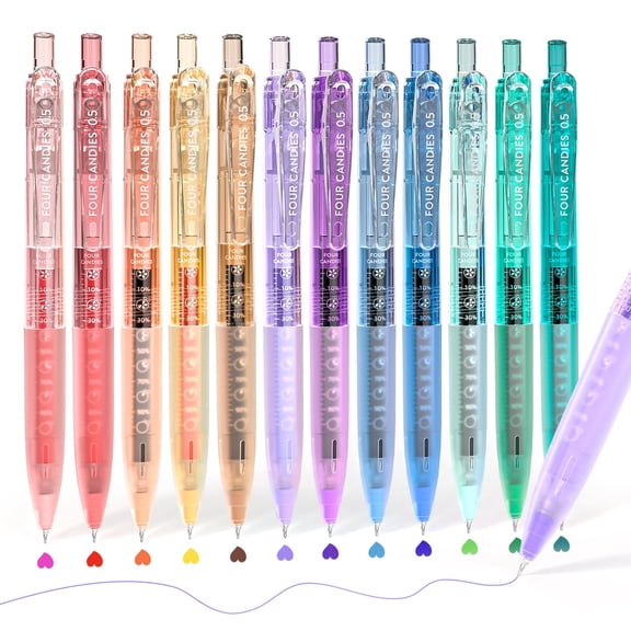 Four Candies 12Pack 0.5mm Quick Dry Retractable Gel Pen Set, Cute Transparent Fine Point Multicolor Note Taking Aesthetic lnk Pens, Comfort Grip 12 Ink Colors Drawing Writing Office Home