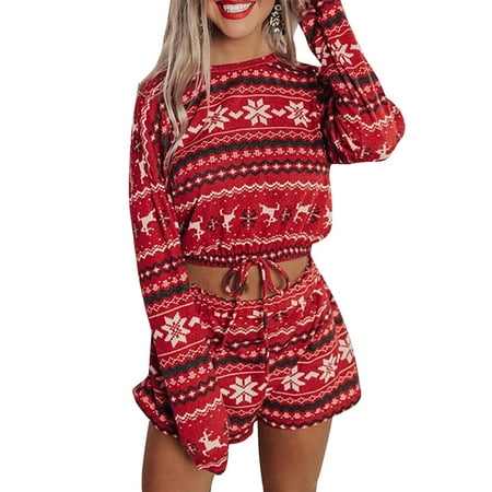 

LilyLLL Christmas Womens 2Pcs Crop Top Hot Pants Shorts Xmas Pajamas Loungewear Set