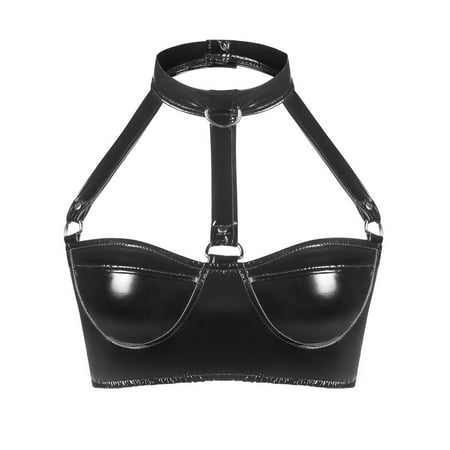UKLSQMA Ladies  Solid Color PVC Patent Leather Sexy Bras Provocative Lingerie for Women Edgy Fashion Bras Black S