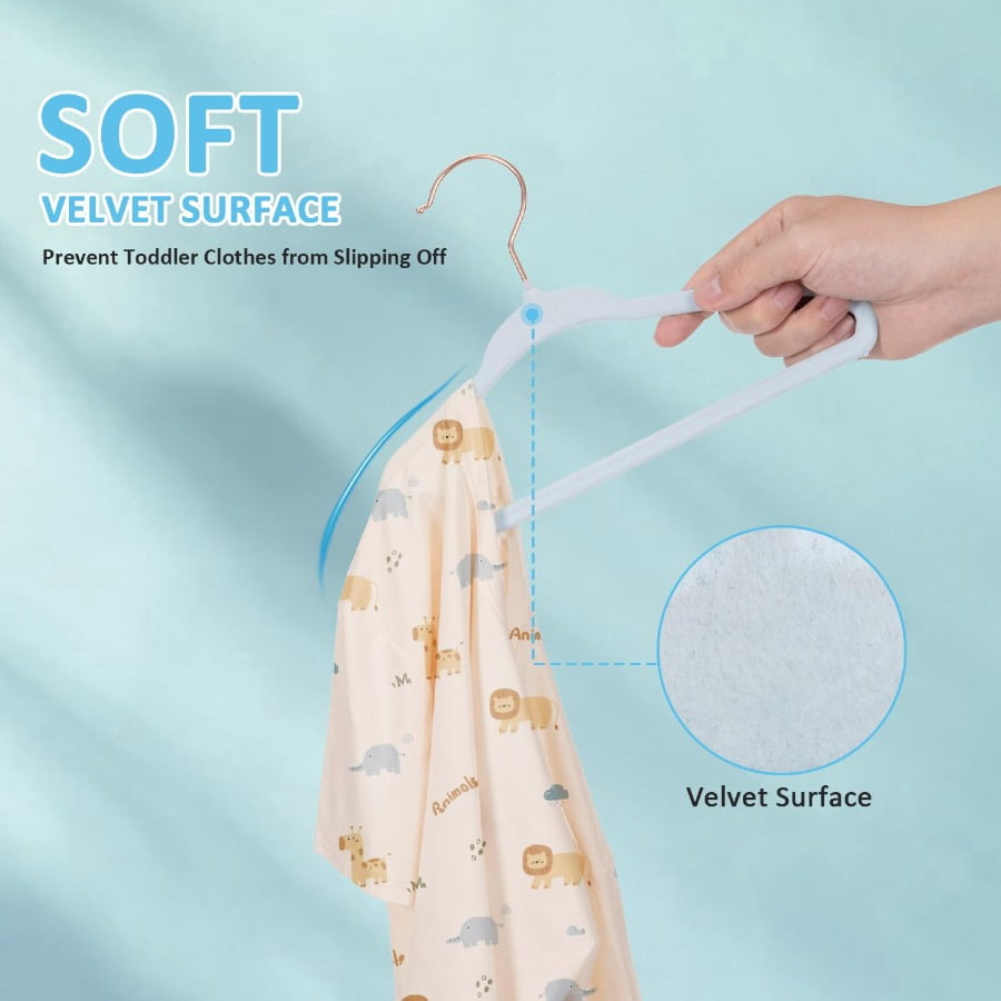 Tonswachic Baby Velvet Hangers 30 Pack - 11 Inch Premium Felt Non Slip Kids Hanger for Infant & Toddler Clothes - 0.2" Slim Space-Saving Baby Felt Hangers for Children's Closet with 10 Clips - Beige