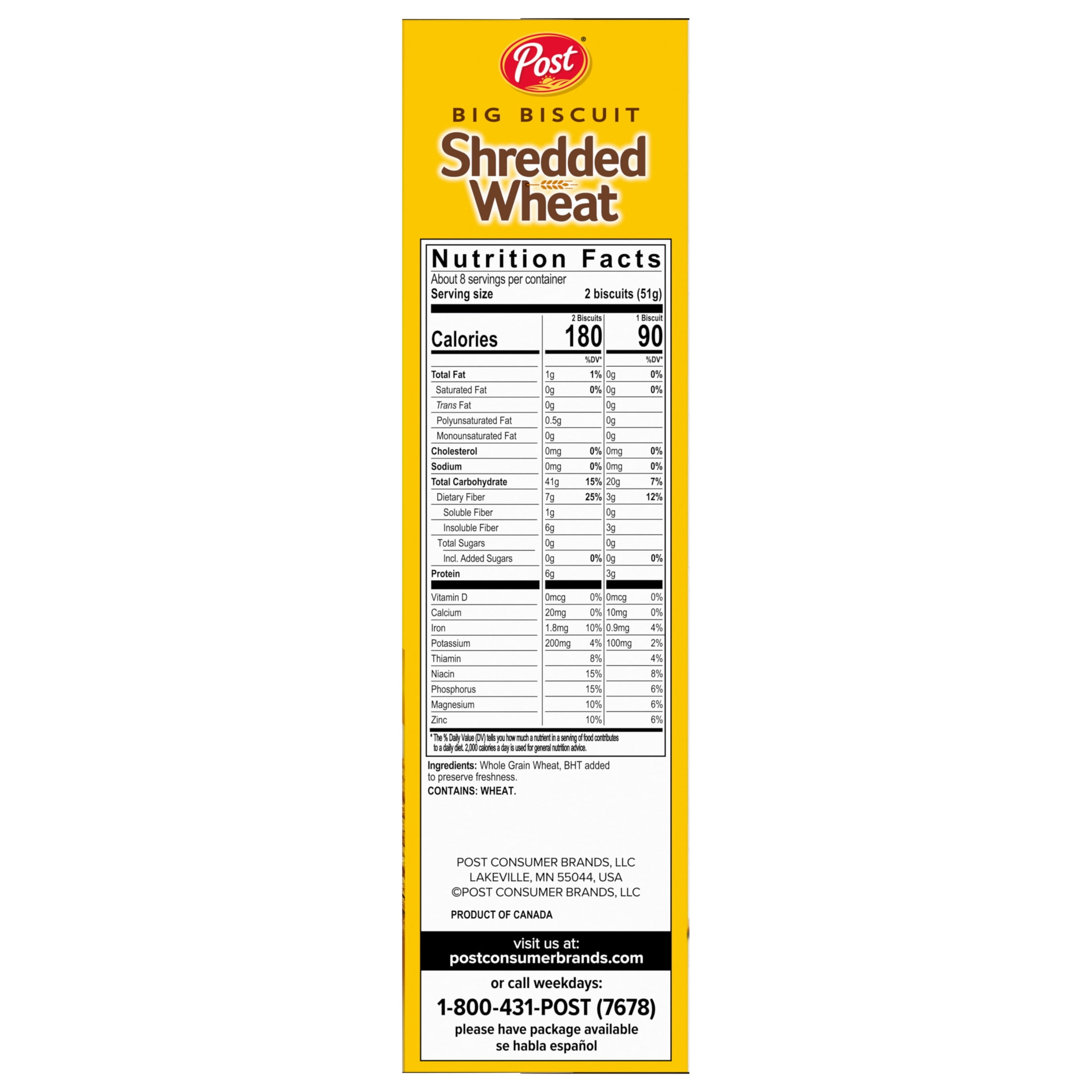 Post Big Biscuit Shredded Wheat Breakfast Cereal, Whole Grain, No Sugar Added, Crunchy 15 oz Box