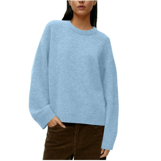 Sweaters for Women Loose Solid Long Sleeve Round Neck Pullover