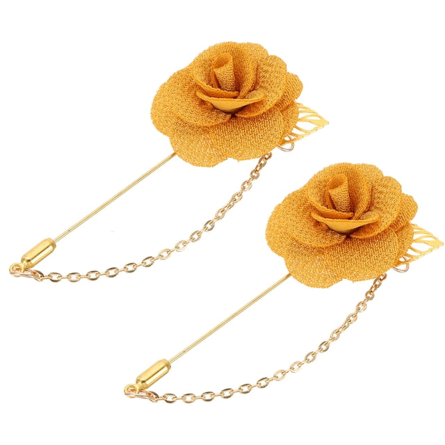 Uxcell 2Pcs Pin de Broche de Solapa de Flor con Hoja de Oro, Cadena de Borlas de Satén Colgante, Ramos Hechos a Mano para Cuello de Traje de Boda Fiesta, Amarillo Oscuro