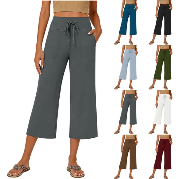 Workout Capris with Pockets New High Waist Capris for Women Lightweight Linen Casual Cropped Pants Loose Straight Leg Capris Pants with Pocket