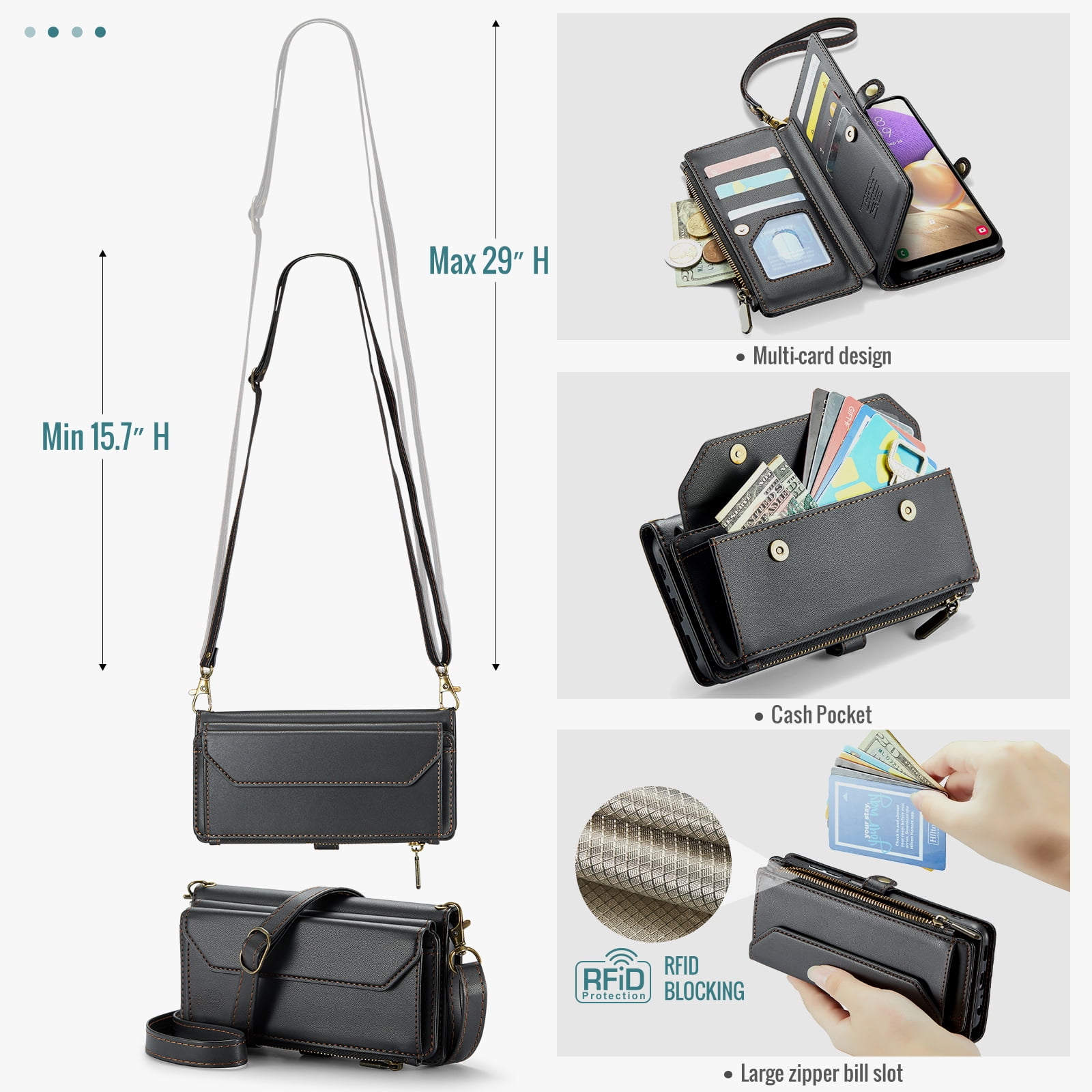 Compatible with Samsung Galaxy A32 5G 2021 6.5 inch Zipper Wallet Phone Case Tempered Glass Screen Protector Crossbody Lanyard Strap Flip Card Holder Slot Cell Cover for M32 G5 A 32 32A Women Black