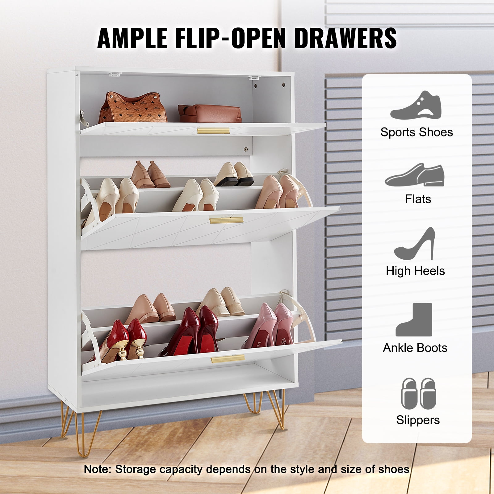 KFFKFF Shoe Cabinet with Triple Flip Compartments, Entryway Shoe Rack, Upright Shoe Holder for Various Footwear, Ideal for Hallway, Living Space
