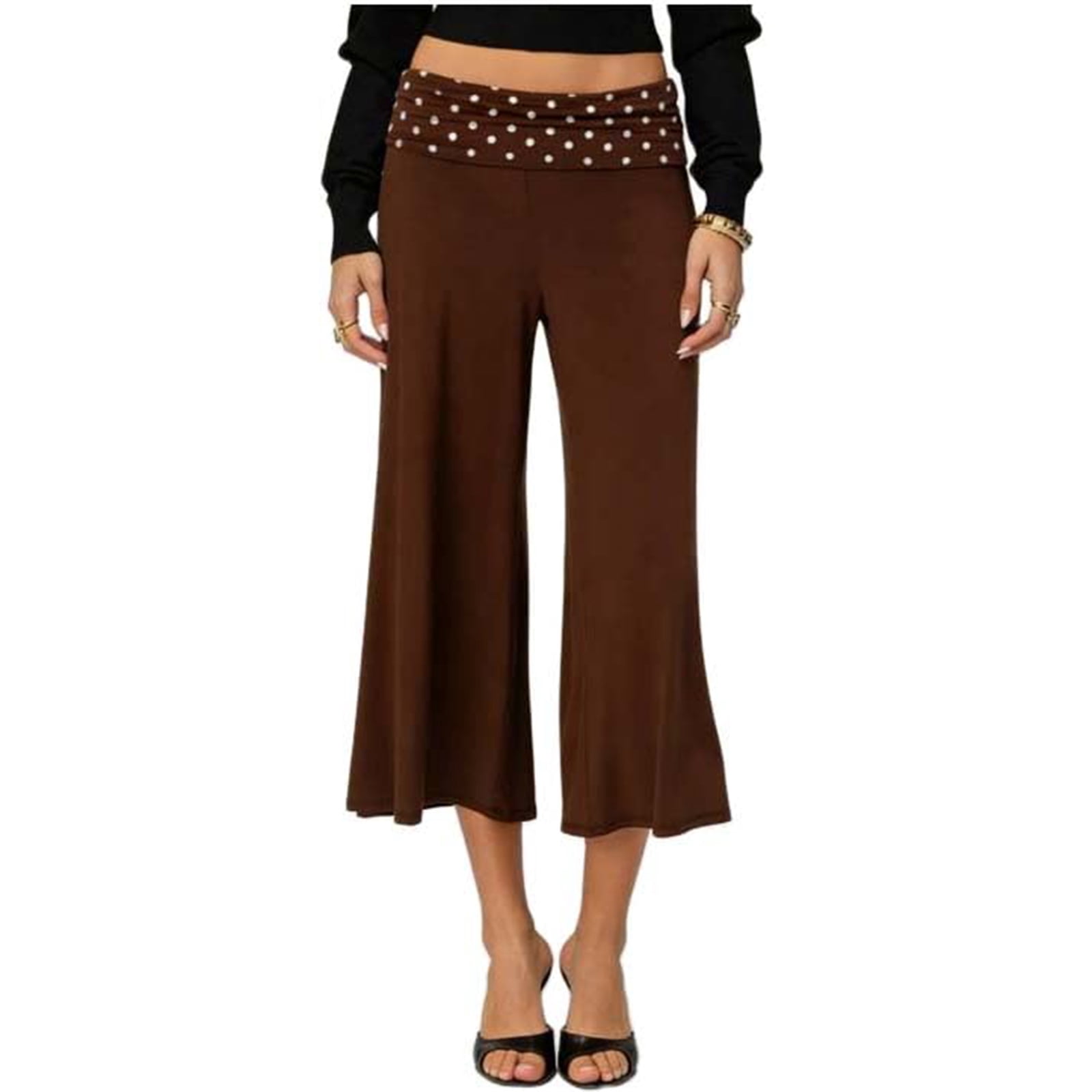 Inglocry Women Fold Over Gaucho Pants Wide Leg Low Rise Flowy Capri Pants Yoga Lounge Cropped Flare Bottoms Culottes Summer 2026 Brown S