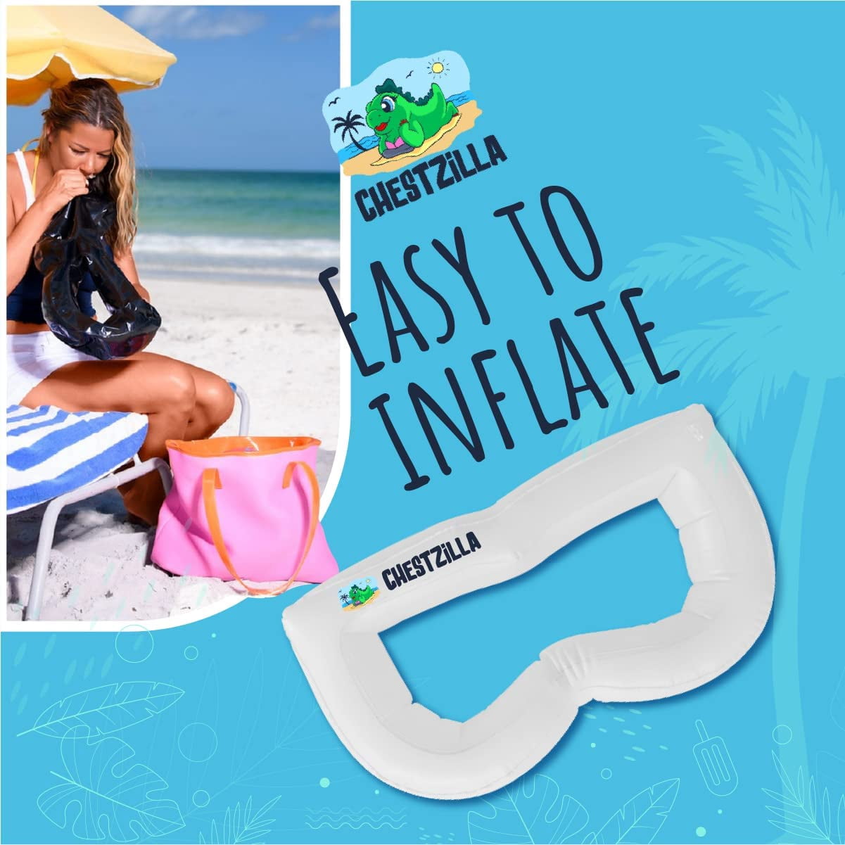 ChestZilla Sunbathing Inflatable Beach Pillow with Adjustable Velcro Strap and Resealable Carrying Bag, Perfect for Pool, Camping and Travel