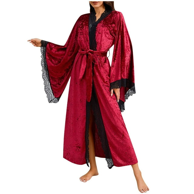 Women's Plus Size Velvet Robe, Long Sleeve Lace Trim Nightgown, Soft Casual Sleepwear