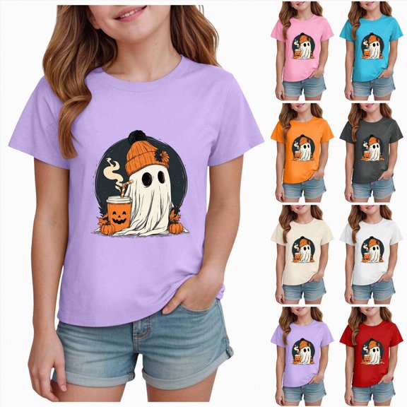 larppty Halloween Ghost Retro Girl Kids T-Shirt Graphic Tshirt Little Kids Fall Short Sleeve Tee Tops (Purple,5-6 Years)