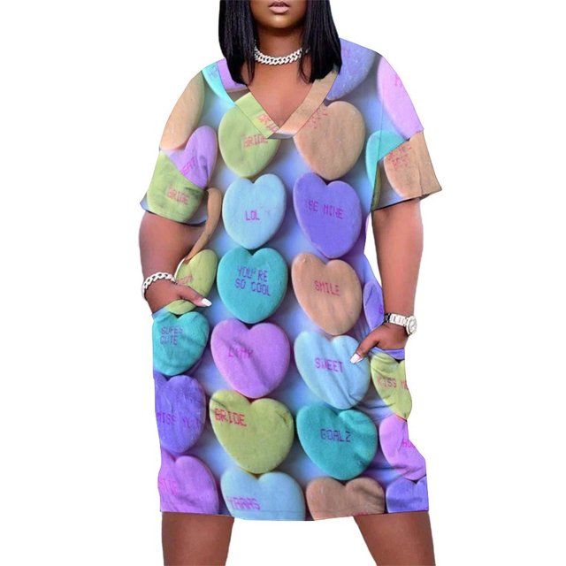 Patrón de corazs de conversación pequeña Vestido de playa para mujer vestido de bolsillo suelto Fondo de caramelo