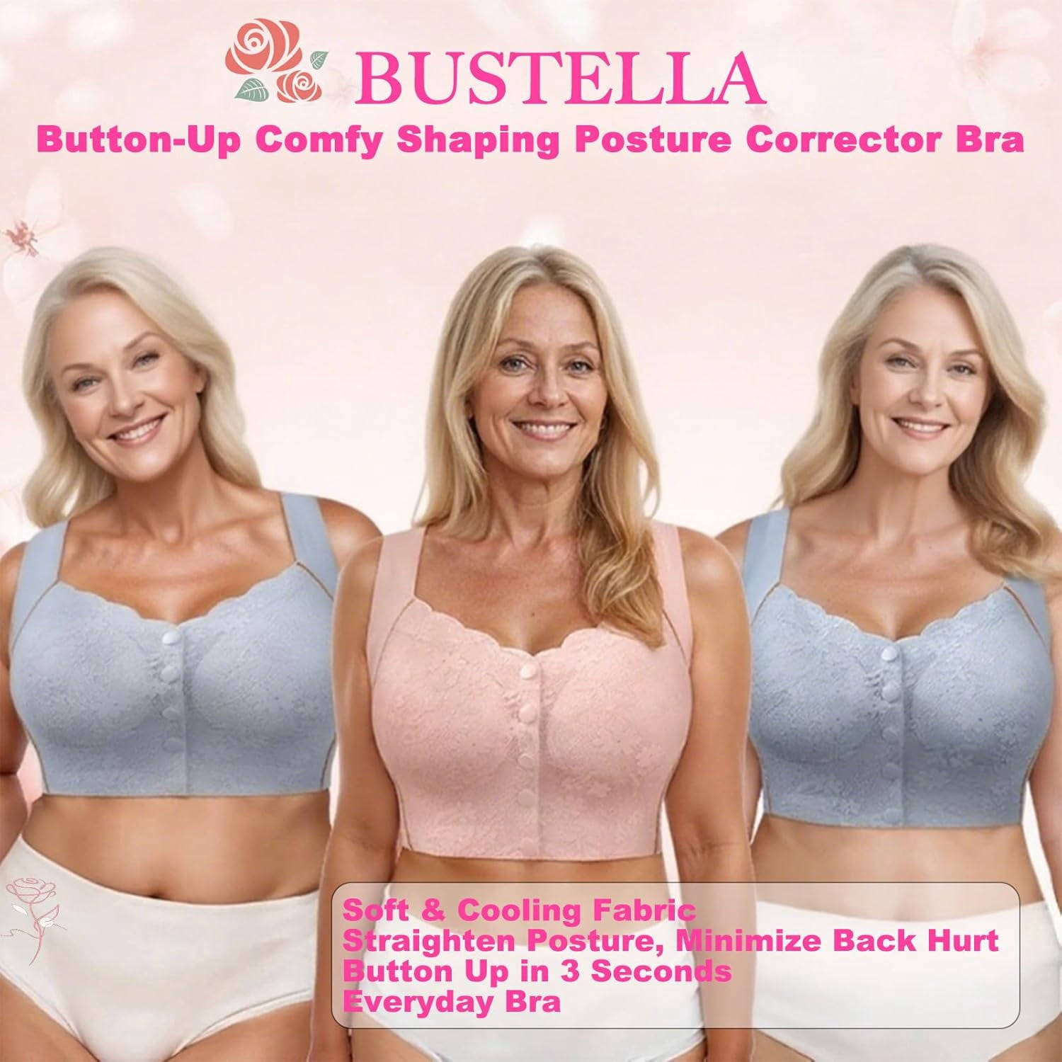 Bustella Front Closure Bras for Women - Button-Up Posture Corrector Bra, Seamless Cooling Comfort Bra with Side Support & Lift, Soft Nylon Spandex Fabric
