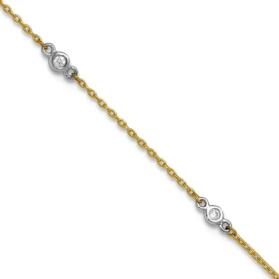 3.6mm 10k Solid Gold Two-tone Cubic Zirconia Plus 1in Extension Anklet 9 Inch Anklet for Women