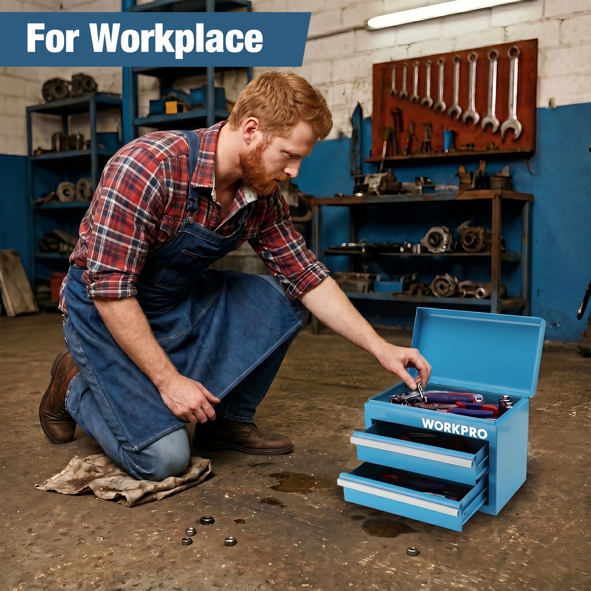 WORKPRO Mini Metal Tool Box with 2 Drawers and Top Storage, Small Tool Chest with PVC Liners and PP Feet Pads, Cold Rolled Steel Toolbox with Magnetic Tab, Blue WORKPRO Mini Metal Tool Box with 2 Drawers and Top Storage, Small Tool Chest with PVC Liners and PP Feet Pads, Cold Rolled Steel Toolbox with Magnetic Tab, Blue - Image 5