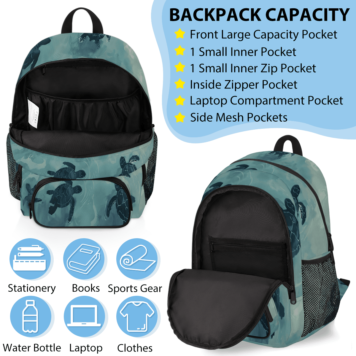 Herdesigns Turtle Sea Animals Large Backpack Set with Lunch Box Lightweight Water Resistant Travel Laptop Backpacks Casual Daypacks for Women Men