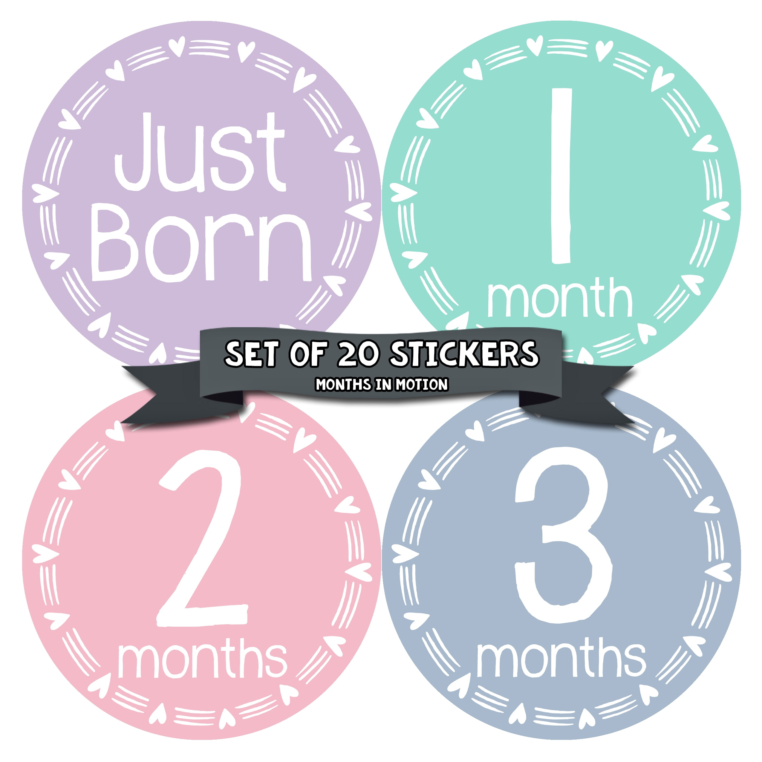 Baby Girl Monthly Stickers NEW 12 months Just Born Gray//Pink//White 4/" circle