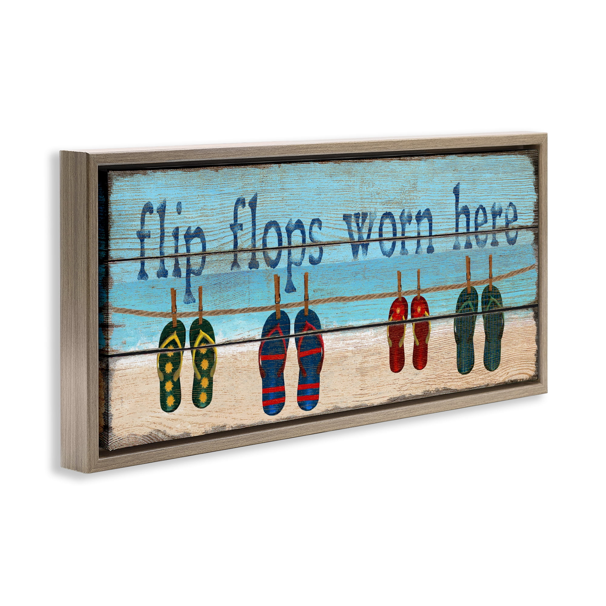 Stupell Industries Flip Flops Worn Here Brown Framed Floater Canvas Wall Art, design by Gail Fraser