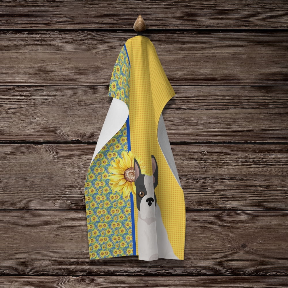 Summer Sunflowers Black and White French Bulldog Kitchen Towel