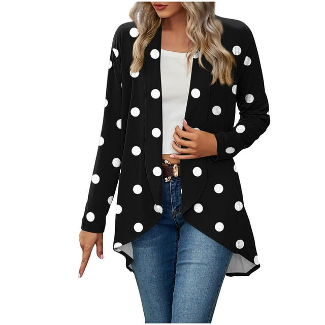 Womens Lightweight Fall Coat Polka Dot Open Front Long Sleeve Cardigans Work Loose Dressy Casual Tops Black, M