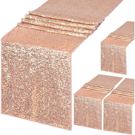 

QueenDream 4 Pack 12x72 inch Rose Gold Glitter Sequin Table Runners Sparkly Table Linens for Wedding Dining Party Baby Shower Holiday Supplies Celebrations