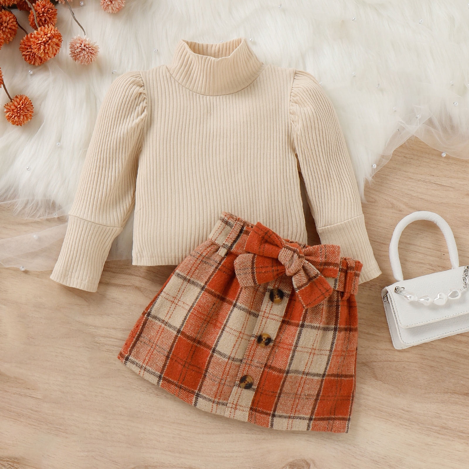 Daqian Baby Clothes for Girls Knit Bubble Sleeve Long Sleeve Top + Plaid Skirt Set Suitable for 6 Months-3 Years Old Girls Clothes Sets Orange 3-4 Years