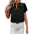 thumbnail image 1 of Tops de Color Sólido para las Mujeres Blusa de Manga Corta Plisada Hueca, Cuello de Pie Top de Moda Casual, 1 of 9