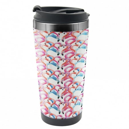 

Flamingo Travel Mug Watercolor Pastel Birds Steel Thermal Cup 16 oz by Ambesonne