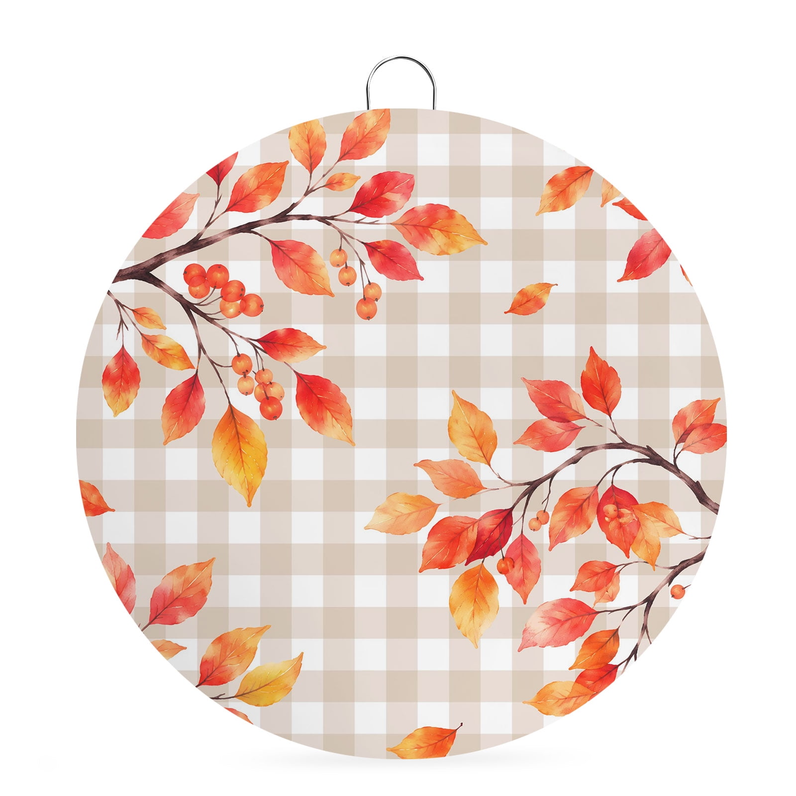 Welcome Sign Front Door Decorations Thanksgiving Round Wall Art Outdoor Metal Wreaths Fall Orange Eucalyptus Brown Plaid Gingham Seasonal Hanging Sign for Home Porch Decor Warming Gift 6 In