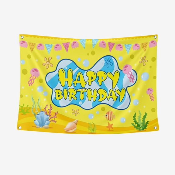 Cartoon Sponge Happy Birthday Backdrop - Yellow Sponge Party Supplies - Room Decor & Photo Props - Reusable Happy Birthday Banner