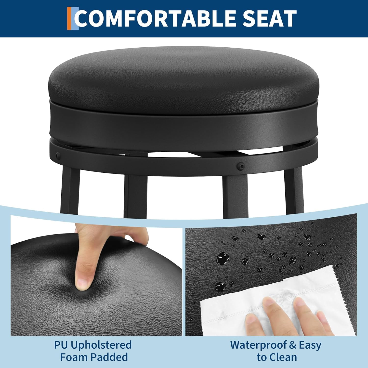 30'' Swivel Bar Stools Set of 4, Modern Backless Counter Height Barstools with Footrest, PU Leather Upholstered Seat, Metal Frame, Black