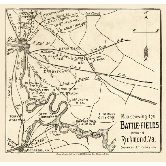Historical Civil War Map - Richmond Virginia - Redd 1896 - Vintage Wall Art