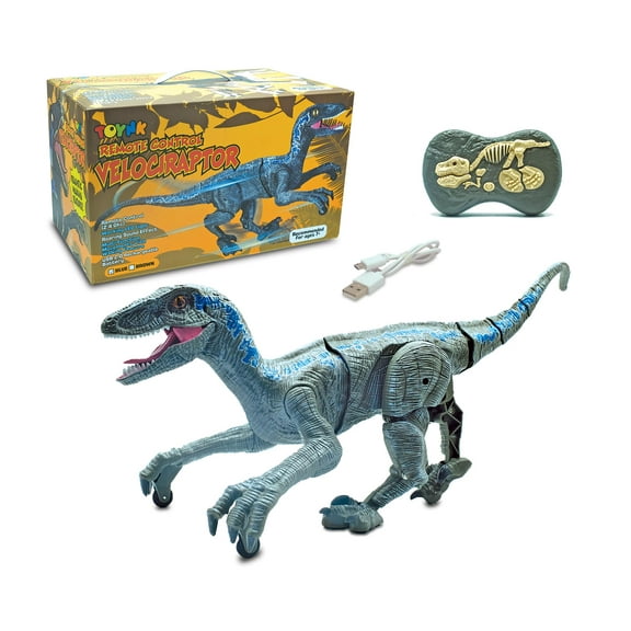 RC Dinosaur Velociraptor Toy with Realistic Walking and Sound Effects | Blue