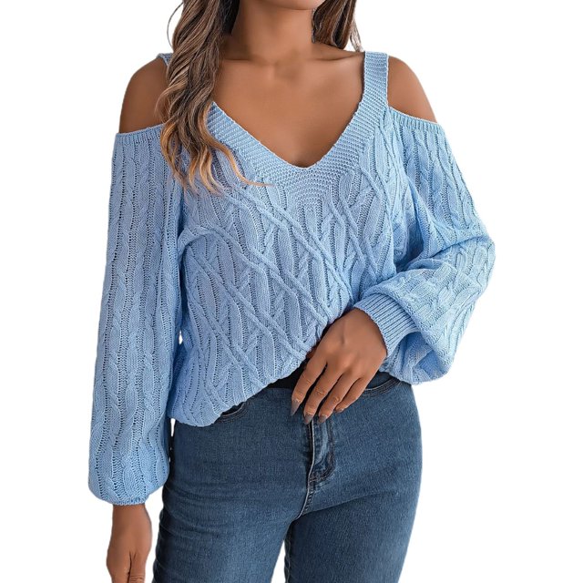 Gibobby Sueter para mujer invierno Suéter casual de manga con hombros descubiertos de color sólido para mujer Otoño Invierno(Azul,CH)