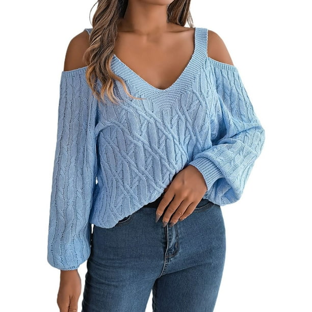 Gibobby Sueter para mujer invierno Suéter casual de manga con hombros descubiertos de color sólido para mujer Otoño Invierno(Azul,M)