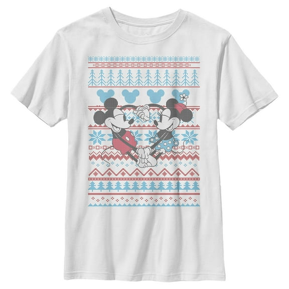 Boy's Mickey & Friends Christmas Mickey and Minnie Blue and Red Print  Graphic Tee White Small