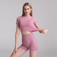 thumbnail image 4 of Conjunto de Yoga sin costuras para mujer, ropa deportiva de entrenamiento, ropa de gimnasio, camisa de manga corta, Top corto, pantalones cortos de cintura alta, trajes deportivos, 2 uds., 4 of 5