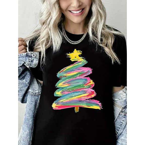 Woman Christmas Shirt Rainbow Christmas Tree Graphic T-Shirt Pure Cotton Casual Short Sleeve Black Top