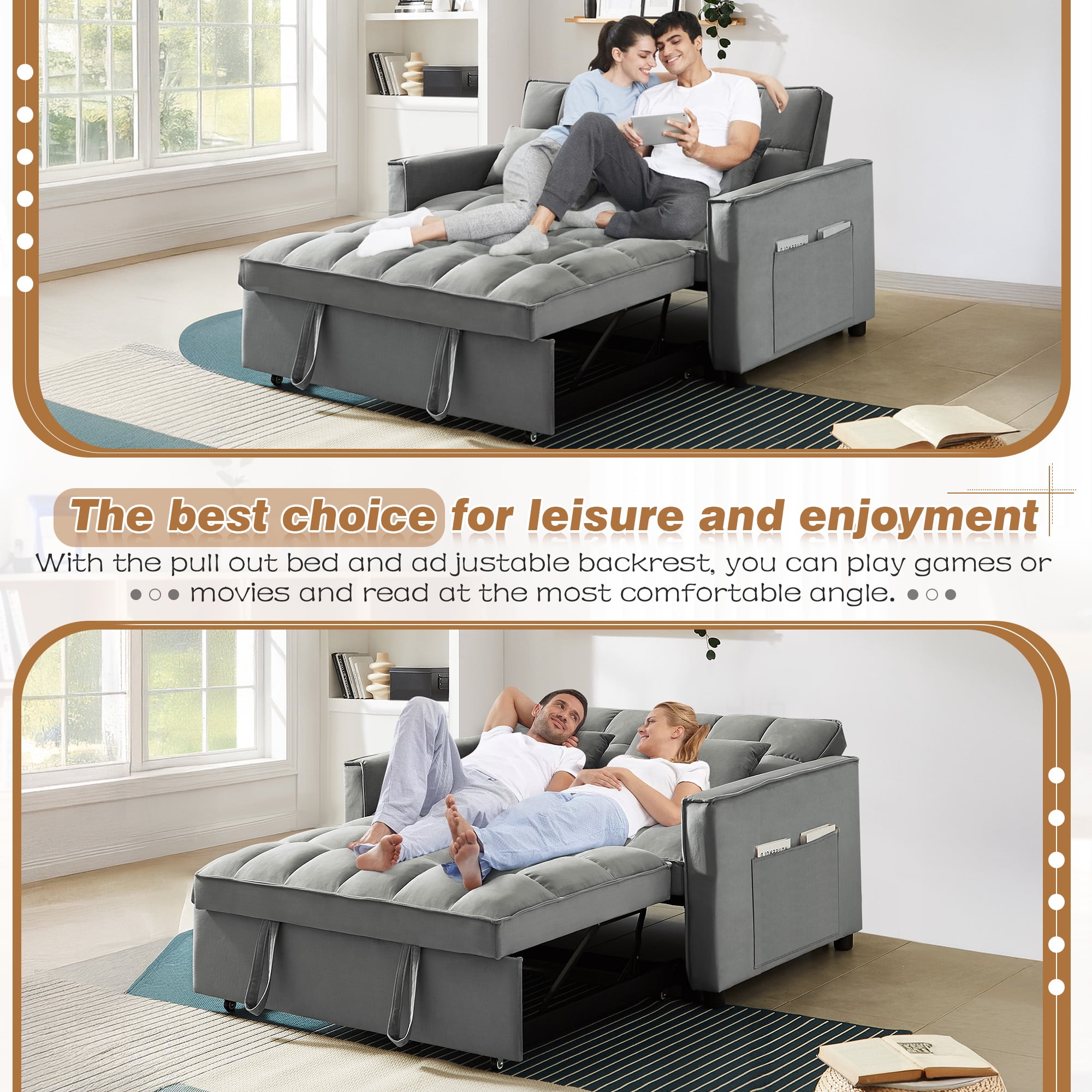 Lunale 4-in-1 Convertible Futon Sofa Bed, Pull Out Couch Beds Loveseat Sleeper, Gray Velvet