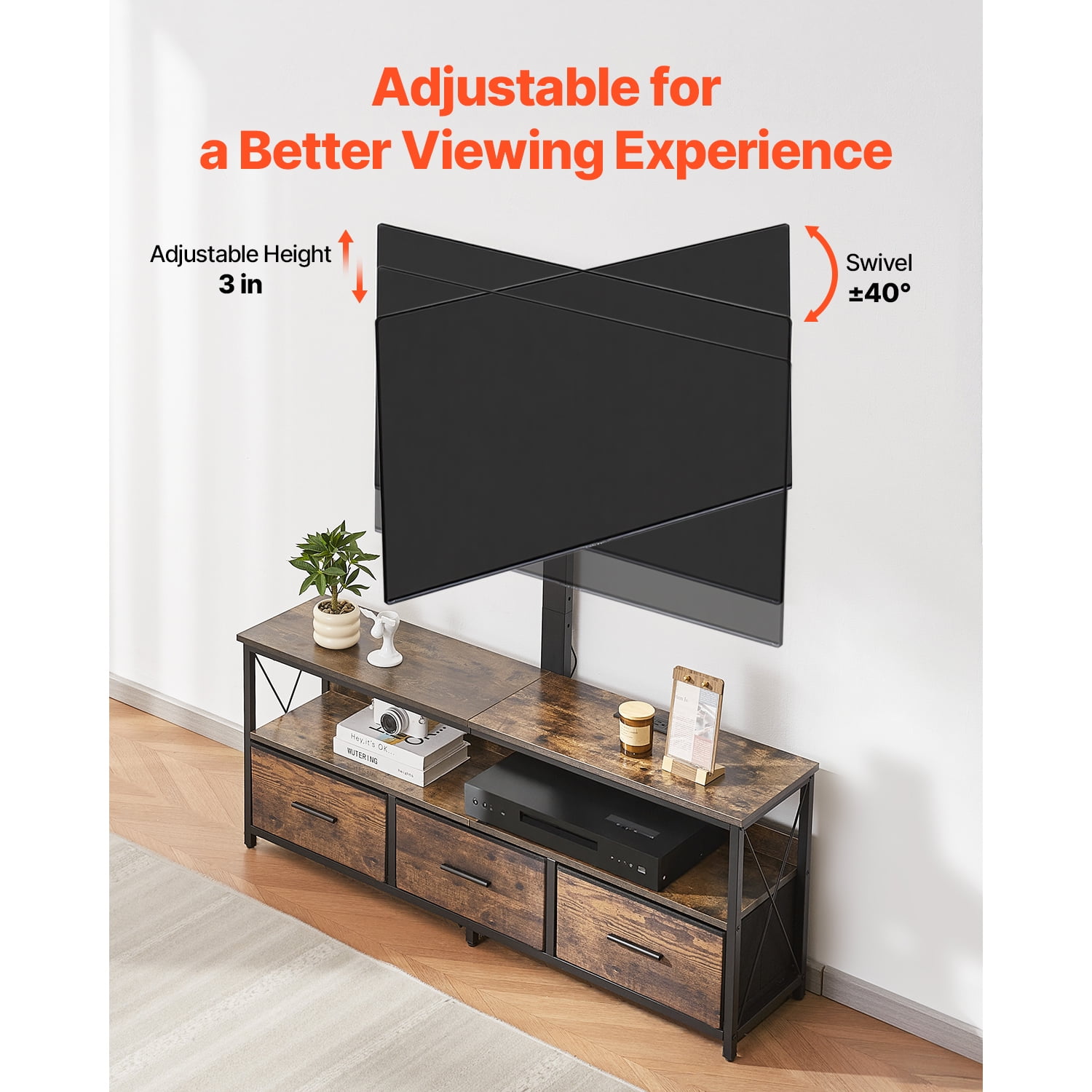 KFFKFF 52" Television Stand Suits 32-75", TV Console with Power Outlet and LED Lighting, Swivel & Height Adjustable TV Mount, Ideal for Bedroom