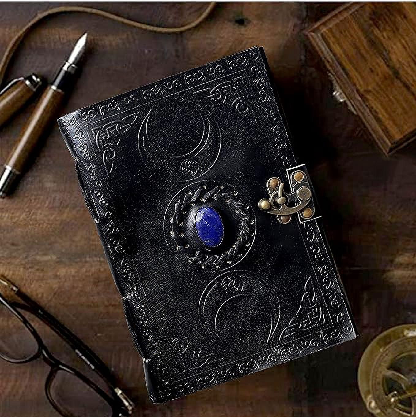 RUZIOON 3 Moon Blue Lapiz Embossed Vintage Leather Journal | 240 Pages of Antique Handmade Deckle Edge Vintage Paper, Leather Sketchbook, Drawing Journal, Great Gift (6 inch by 8 inch, black)