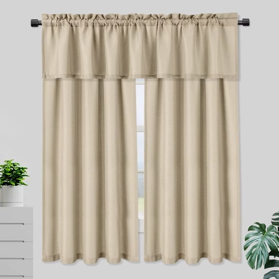 Haperlare 3 Pcs Kitchen Curtain and Valance Set 45 inch Length Waffle Weave Textured Blackout Short Curtain Set, Taupe