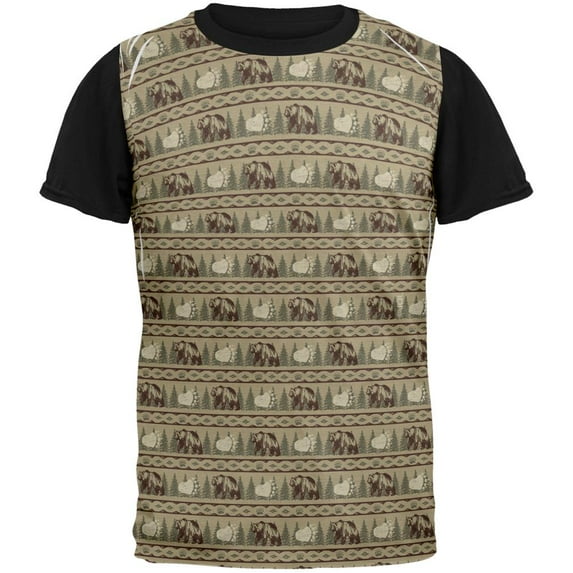 Grizzly Bear Adirondack Pattern Tan All Over Mens Black Back T Shirt Multi MD