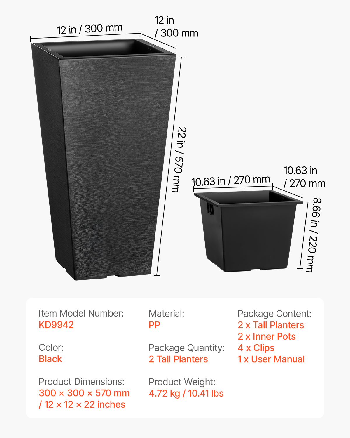 VEVOR Set of 2 Tall Outdoor Planters 22inch, Large Planters For Outdoor Indoor Plants, Black Tapered Square Front Porch Planters Flower Tree Plant Pots with Modern Design and Built-in Drainage